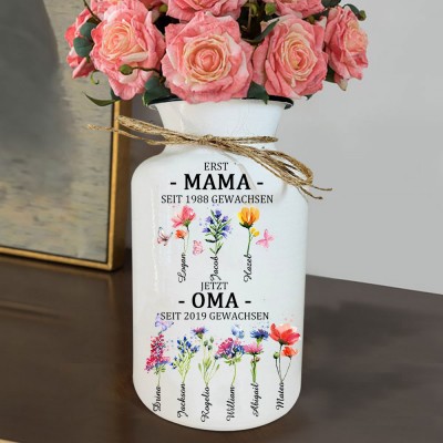 Personalisierter Aquarell-Kunstdruck „Erste Mama, jetzt Oma“, Geburtsblumenvase mit den Namen der Enkelkinder, einzigartiges Familiengeschenk für Mama, Oma, Muttertag, Geschenkideen