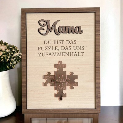 Personalisiertes Holzschild mit Puzzleteilen und Kindernamen. Mama, du bist das Teil, das uns zusammenhält. Einzigartige Familiengeschenke für Mama, Oma, Muttertagsgeschenk