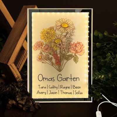 Personalisierte Nachtlichtlampe mit Blumenstrauß-Aufdruck im Garten der Großmutter mit den Namen der Enkelkinder. Einzigartiges Geburtstagsgeschenk für Mama, Oma, Babyparty-Geschenk, Muttertagsgeschenk