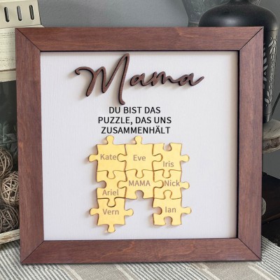 Personalisiertes Puzzleteil-Schild aus Holz „Mama, du bist das Teil, das uns zusammenhält“ mit dem Namen des Kindes, einzigartige Erinnerungsgeschenke für die Familie für Mama, Oma, Geschenkideen zum Muttertag