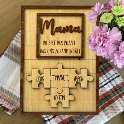 Personalisiertes Mama-Holzschild mit dem Namen des Kindes, individuelles Familienpuzzle-Schild, einzigartiges Geschenk für Mama und Oma, perfektes Muttertagsgeschenk