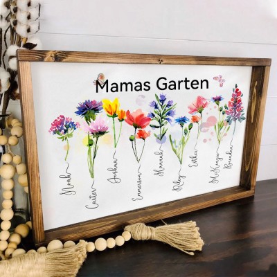 Graviertes Holzschild mit Geburtsblume, Namen der Enkelkinder und Namen – personalisiertes Muttertagsgeschenk