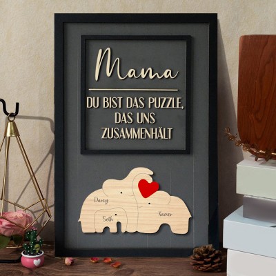 Personalisiertes Schild mit der Aufschrift „Mama, du bist das Stück, das uns zusammenhält“, Holzschild mit Elefanten-Familien-Puzzleteilen, Rahmen mit 3–8 Namen, einzigartiges Geburtstagsgeschenk für Mama, Geschenkideen zum Muttertag, Schwangerschaftsgesc