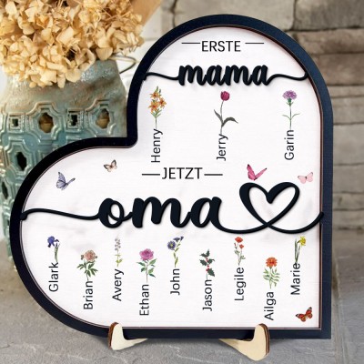 Personalisierter Holzrahmen mit dem Aufdruck „Erste Mama, jetzt Oma“ und Geburtsblumen, mit den Namen der Kinder. Ein einzigartiges Geburtstagsgeschenk für Mama oder Oma, kreative Geschenkideen zum Muttertag und ein Geschenk zur Schwangerschaft
