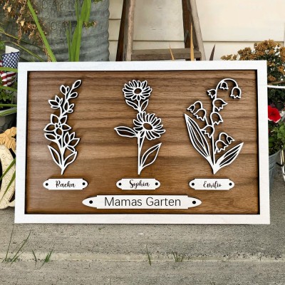 Personalisierter Holzrahmen „Mamas Garten“ mit Geburtsblumen und den Namen der Kinder. Ein einzigartiges Geburtstagsgeschenk für Mama oder Oma, ein Geschenk zur Babyparty oder kreative Geschenkideen zum Muttertag