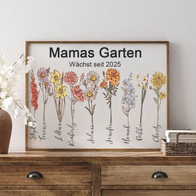 Personalisierter Omas Garten-Blumendruckrahmen mit Geburtsmonat und den Namen der Enkelkinder. Geburtstagsgeschenke für Oma und Mama. Babyparty-Geschenk. Muttertagsgeschenkideen.