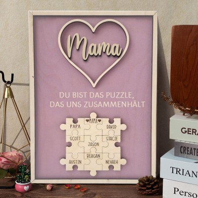 Personalisiertes Holz-Puzzleschild für Mama mit dem Namen des Kindes, individuelles Familienschild, einzigartiges Geschenk für Mama, Oma, Geschenkidee zum Muttertag