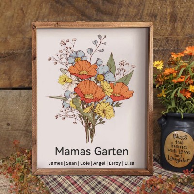 Individuell gestalteter Geburtsmonatsblumenstrauß im Holzrahmen von Omas Garten – Geschenkideen zum Muttertag und für die ganze Familie!