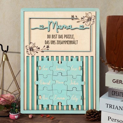 Personalisiertes Holzschild „Mama, du bist das Puzzleteil, das uns zusammenhält“, individuelles Schild mit dem Namen des Kindes, Geschenk für Mama, einzigartige Geschenkidee zum Muttertag