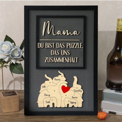 Personalisiertes Holz-Puzzle mit 3–8 Elefanten-Teilen, Familienrahmenschild mit Kindernamen, einzigartiges Geburtstagsgeschenk für Mama, Babyparty-Geschenk, Muttertagsgeschenkideen