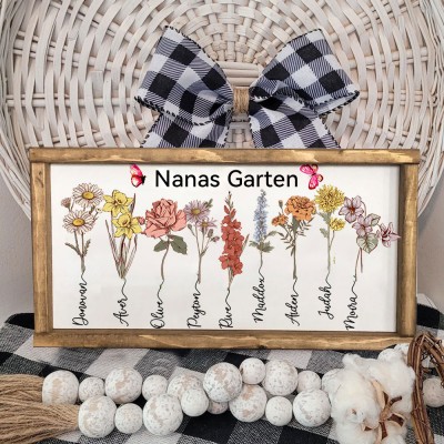Personalisierter Geburtsmonatsblumen-Holzrahmen „Omas Garten“ – Liebesgeschenk für Mama, Oma, Muttertagsgeschenk