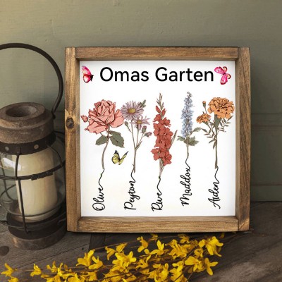 Personalisiertes Schild mit Geburtsmonatsblumen aus Holzrahmen „Mamas Garten“ – Geschenk für Mama, Oma oder zum Muttertag