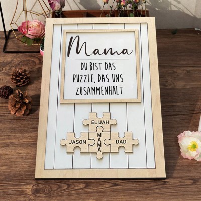 Personalisiertes Holzschild „Mama-Puzzleteile“ mit Rahmen und Kindernamen, einzigartiges Familiengeschenk für Mama, Oma, Muttertagsgeschenkideen