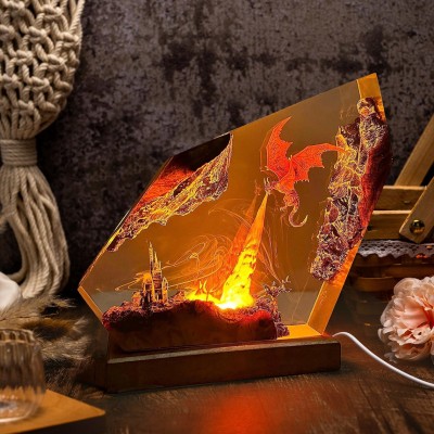 Feuerdrachen-Lampe aus Harz und Holz: Geschenkidee zu Halloween & Geburtstag für Ihn