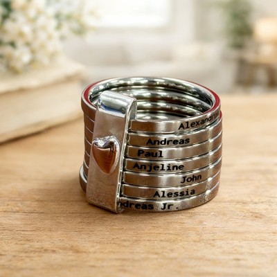 Personalisierter Familiennamensring für Sie – Herzförmiger Stapelring, Edelstahl, perfektes Geschenk für Mama oder frischgebackene Mutter