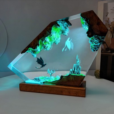Handgefertigte Eisdrachen-Lampe aus Epoxidharz und Holz | Geschenk für Paare, Ihn, zu Weihnachten & Geburtstag