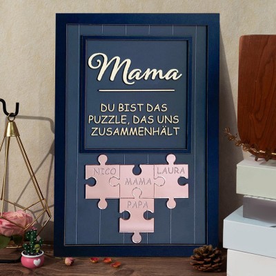 Personalisiertes Schild „Mama, Du bist das Teil, das uns zusammenhält“ aus Holz mit Puzzleteilen und Namen, einzigartiges, ideales Geschenk für Mama, Oma, Geschenkideen zum Muttertag