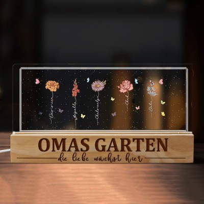 Personalisiertes Nachtlicht aus Holz für den Garten Ihrer Mutter mit Geburtsblumen-Aufdruck und Kindernamen, einzigartiges Geburtstagsgeschenk für Mama und Oma, besondere Geschenkideen zum Muttertag