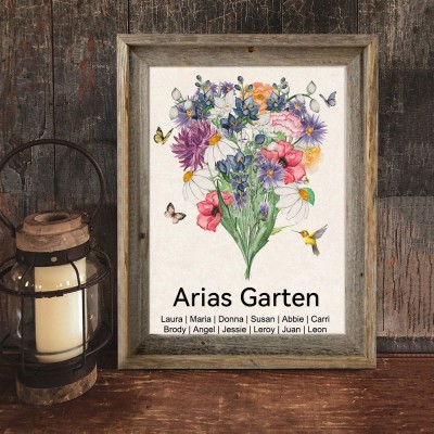 Personalisierter Bilderrahmen „Omas Gartenstrauß“ mit Aquarell-Geburtsblumen – Geschenkidee für Oma, Mama und Muttertag