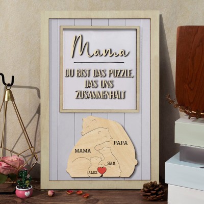 Personalisiertes Holzbär-Familien-Puzzleteilschild mit 2-7 Kindernamen, einzigartiges Geburtstagsgeschenk für Mama, Oma, Muttertagsgeschenkideen, neue Mama, Holzrahmengeschenke