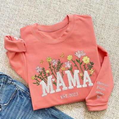 Mama Besticktes Blumen Sweatshirt, Personalisierter Mama Crewneck mit Kindernamen, Oma Crew, Mama Sweatshirt bestickt, Neues Mama Sweatshirt, Muttertag Geschenkideen