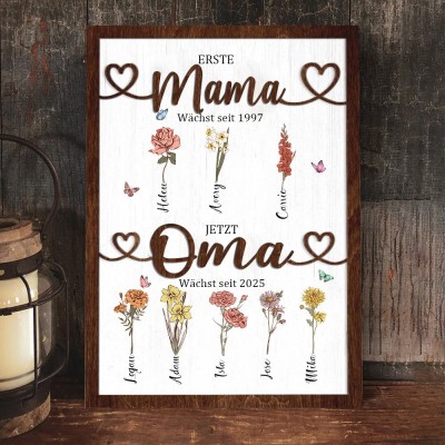 Personalisierter Holzrahmen mit dem Aufdruck „Erste Mama, jetzt Oma“ und Geburtsblumen, mit den Namen der Kinder. Ein einzigartiges Geburtstagsgeschenk für Mama oder Oma, ein Geschenk zur Babyparty und kreative Geschenkideen zum Muttertag.