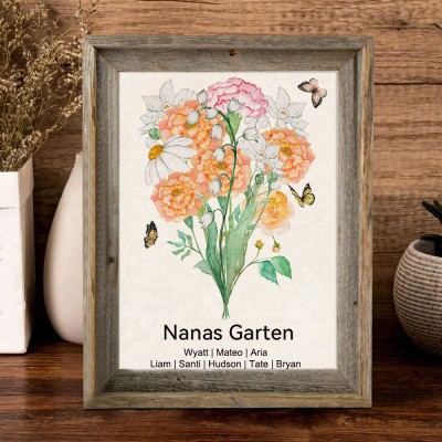 Individuell gestalteter Geburtsblumenstrauß aus Holzrahmen mit dem Motiv „Hier wächst die Liebe“ – ein Erinnerungsgeschenk für Oma, Mama oder Muttertag.