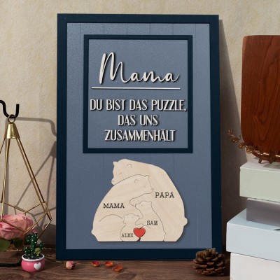 Personalisiertes Holzschild mit 2-7 Mama-Bär-Puzzleteilen und Kindernamen, einzigartiges Geburtstagsgeschenk für Mama, Oma, Muttertagsgeschenkideen, neue Mama, Holzrahmen für die Familie, Geschenke