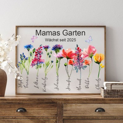 Personalisiertes Holzschild mit Geburtsblumendruck im Garten der Oma mit den Namen der Enkelkinder. Einzigartiges Geburtstagsgeschenk für Mama, Oma, Mama, Schwangerschaftsgeschenk, Muttertagsgeschenkideen