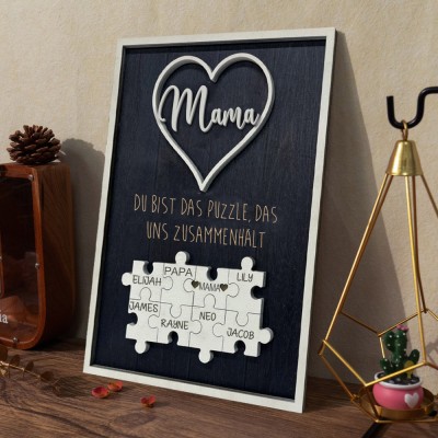 Personalisiertes Mama-Puzzle-Schild mit Namen, das uns zusammenhält. Geschenkideen zum Muttertag, einzigartiges Familienandenken für Mama und Oma
