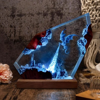 Feuerdrachen-Lampe aus Epoxidharz und Holz – Geschenkidee für Männer zu Halloween & Geburtstag