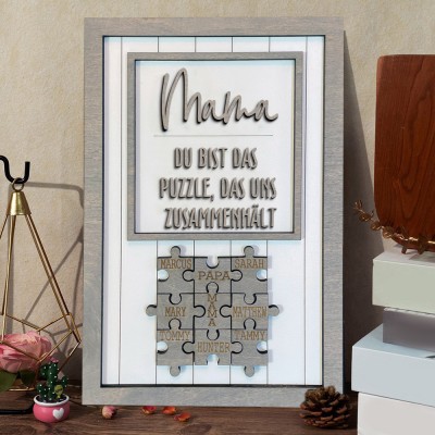 Personalisiertes Namensschild aus Holz mit Puzzleteilen für Mütter: Du bist das Teil, das uns zusammenhält. Einzigartige Geschenkideen zum Muttertag, Familienandenken, Geschenk für Mama und Oma