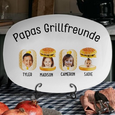 Personalisierter Papas Grillfreunde-Teller mit Kinderporträts und Namen, individueller Kunstdruck-Teller, Familienküchengeschenk für Papa, einzigartige Vatertagsgeschenkideen