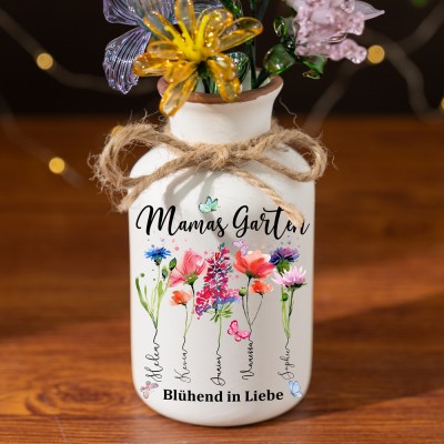 Personalisierte Vase mit Blumendruck im Garten der Großmutter, Geburtsmonat, mit den Namen der Kinder, Geburtstagsgeschenke für Mama, Oma, einzigartiges Muttertagsgeschenk, Schwangerschaftsgeschenkideen
