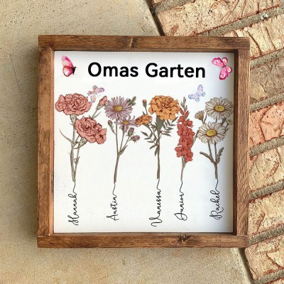 Personalisierte Holzplakette „Mamas Garten“ mit Geburtsmonatsblumen und den Namen der Kinder – Unisex-Geschenk für Mama und Oma zum Muttertag und zu Weihnachten