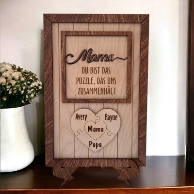 Benutzerdefinierte herzförmige Puzzleteile für Mütter aus Holz, Familienschild mit Kindernamen, einzigartiges Andenken, Geschenk für frischgebackene Mutter, Oma, Muttertagsgeschenkideen