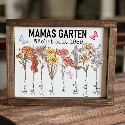 Personalisierter Aquarell-Holzrahmen mit Geburtsblumen aus Omas Garten – ein dankbares Geschenk für Oma, Mama oder zum Muttertag.