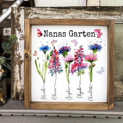 Personalisierter Geburtsblumen-Holzrahmen „Mama's Garden“ mit Namensschild – einzigartige Geschenkidee für Mama, Oma und Muttertag