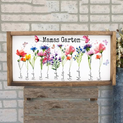 Personalisierter Namensrahmen mit Geburtsblumenmotiv aus Holz – Omas Garten – Perfekte Geschenkidee für Mama, Oma und Muttertag