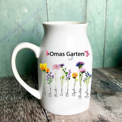 Personalisierter Kunstdruck „Nanas Garten – Geburtsblumenvase mit den Namen der Enkelkinder“, einzigartiges Geburtstagsgeschenk für Oma und Mama, Geschenkideen zum Muttertag