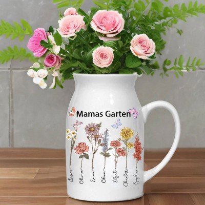 Personalisierter Kunstdruck „Nanas Garten – Geburtsblumen-Familienvase mit den Namen der Enkelkinder“ – Einzigartiges Geburtstags-Andenken – Geschenke für Oma und Mama – Geschenkideen zum Muttertag