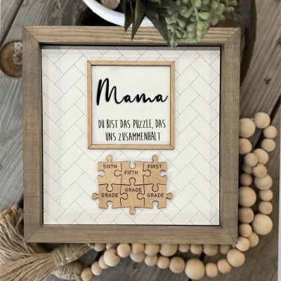 Personalisiertes Holzschild mit der Aufschrift „Mama, du bist das Puzzle, das uns zusammenhält“ mit dem Namen des Kindes, Familiengeschenke für Mama, Oma, einzigartige Geschenkideen zum Muttertag