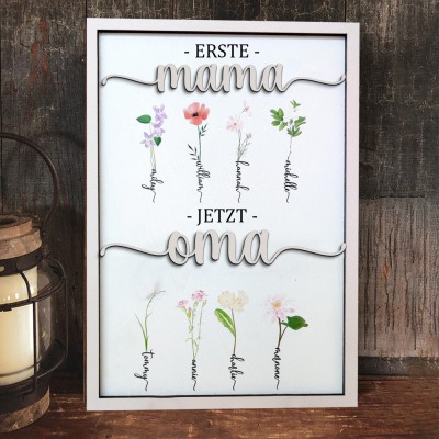 Personalisiertes Familienschild mit Geburtsblumendruck und Kindernamen, "Erste Mama, jetzt Oma", Geburtstagsgeschenk für Mama und Oma, hölzernes Andenkenschild, einzigartige Geschenkideen zum Muttertag