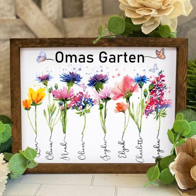 Personalisierter Bilderrahmen mit Geburtsblumenmotiv „Mamas Garten“, individuelles Familiennamensschild, Geschenkideen für Mama und Oma zum Muttertag