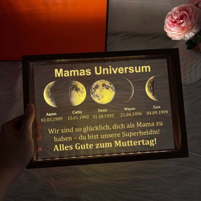 Personalisierter Nachtlichtrahmen mit Mondphasen von Mamas Universum mit den Namen der Kinder, Geschenke für Mama und Oma, einzigartiges Muttertagsgeschenk