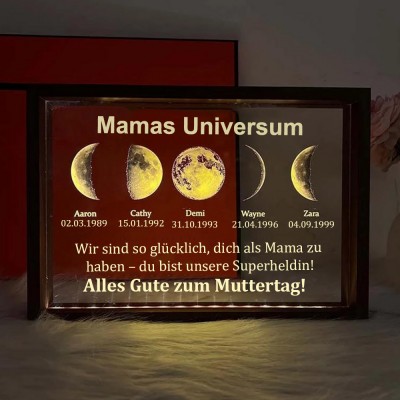 Personalisierter Nachtlichtrahmen mit Mondphasen von Mamas Universum mit den Namen der Kinder, Andenkengeschenk für Mama und Oma, Muttertagsgeschenk