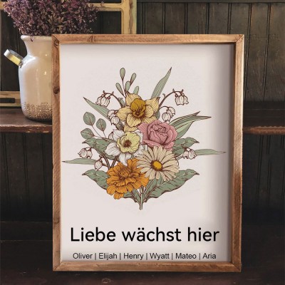 Personalisierter Kunstdruck im Holzrahmen, Familienplakette mit Geburtsblumen und Kindernamen, Geschenkidee für Mama und Oma zum Muttertag und zu Weihnachten
