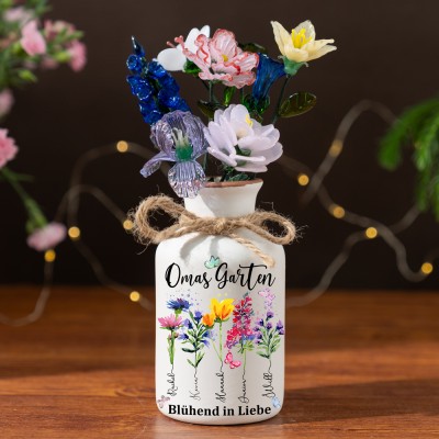 Personalisierte Mamas Gartenvase mit Blumendruck zum Geburtsmonat und den Namen der Kinder. Geburtstagsgeschenke für Mama und Oma. Einzigartiges Familiengartengeschenk. Muttertagsgeschenk. Babypartygeschenk.
