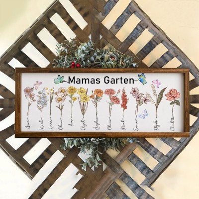 Personalisierter Holzrahmen mit Geburtsblumenmotiv und den Namen der Enkelkinder – ein tolles Muttertagsgeschenk für Oma und Mama!