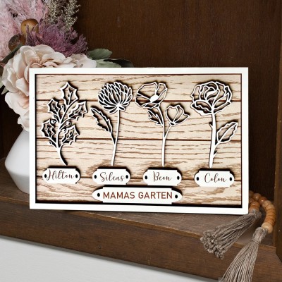 Personalisierter Geburtsblumenrahmen aus Holz mit Namensschild „Omas Garten“ – Geschenkidee für Mama, Oma und Muttertag